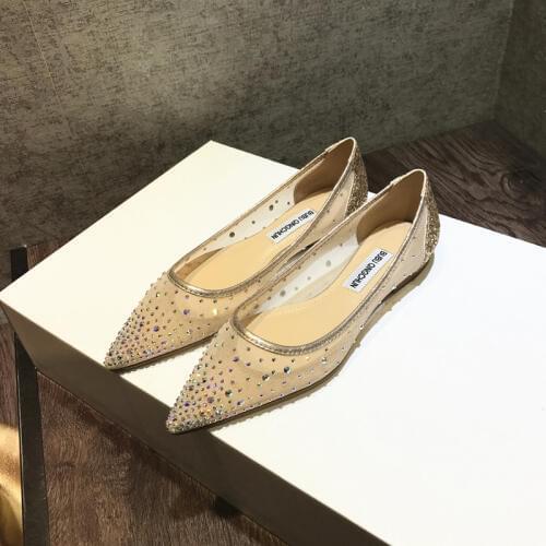 Free shipping fashion women Casual Designer Gold glitter point toe crystal strass point toe flats loafer bride wedding shoes