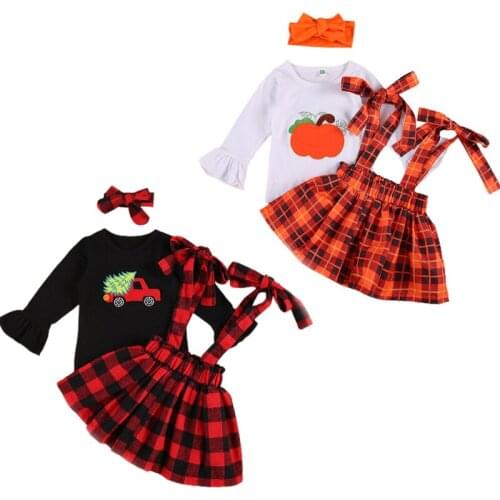 FOCUSNORM 2020 Kids Baby Girl Clothes Sets 1-5Y Holiday Party Flare Long Sleeve Print T-shirt Top Plaid Suspender Skirt Headband