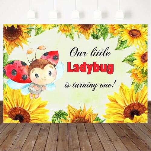 Happy 1th Birthday Backdrop Cute Ladybug First Birthday Photography Background Sunflower Flower Baby Shower Party Decor Banner