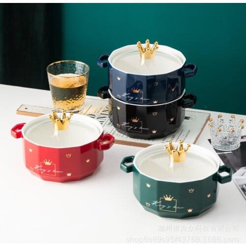 Noodle bowl ceramic covered dormitory is easy to clean ins creative binaural Korean student personality enamel cute Nordic