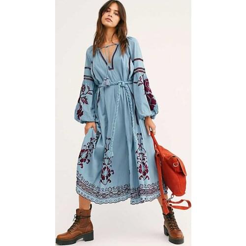Summer Bohemian Holiday Beach Dress Retro Ethnic Style Retro Heavy Embroidered Lantern Sleeve Cotton Linen In Long Dresses