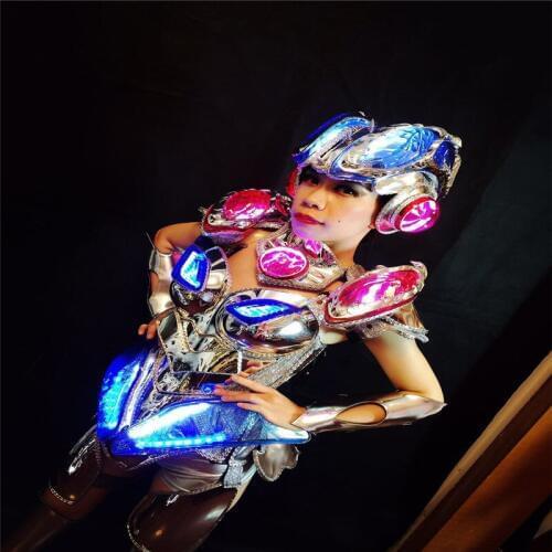 MD09 Ballroom dance led light costumes colorful luminous stage catwalk performance wears robot armor dress clothe silver mirror