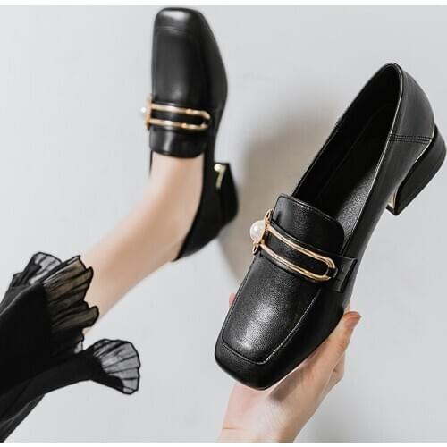 Two Ways square toe pearl loafers woman flats moccasins all-match chunky heels mujer pisos soft leather shoes women espadrilles