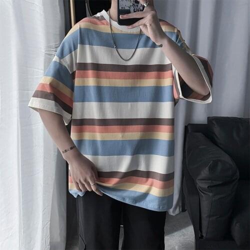Blue Brown Fashion Striped Summer Men T Shirt Drop Ship Short Sleeve O Neck Loose Black Harajuku Clothing Vintage Korean Casual