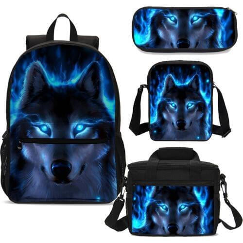 4pcs Cute Bookbags With Lunch Box Pencil Case Blue Wolf Prints School Bag Set Teengaer Boys School Backpack Men Mochilas Tegaote