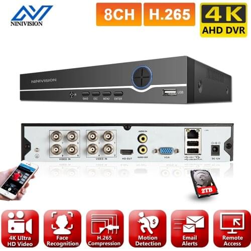 NINIVISION 8CH 4K AHD DVR AI H.265 Hybrid 8 Megapixel NVR Digital Video Recorder for 2MP 4MP 5MP 8MP AHD/TVI/CVI/XVI/IP Cameras