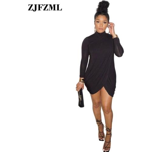 Solid Ruched Front Split Sexy Club Party Dress Women Turtleneck Long Sleeve Draped Skinny Dresses Elegant Autumn Bandage Dress