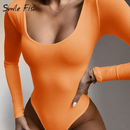 Solid Bodycon Sexy Neon Orange Bodysuits New Women Autumn Long Sleeve Winter Basic Body Suit Female O Neck Black Pink GV852