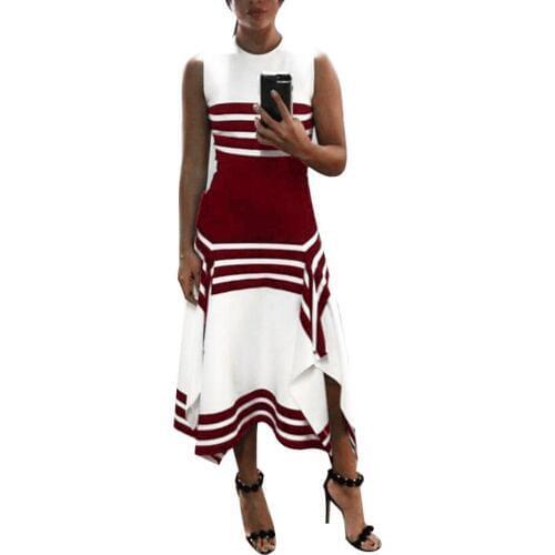 Summer Women Party Color Blocks Striped Sleeveless Slim Fits Irregular Maxi Dress Striped Sleeveless Slim Fits Maxi Dress
