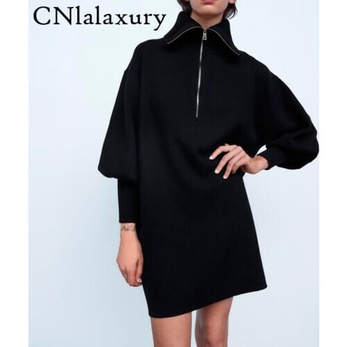 New Turn Down Collar Warm Dresses Women Loose Solid Zipper Knitted Dress Women Elegant Long Sleeve Sweater Dress Female Ladies