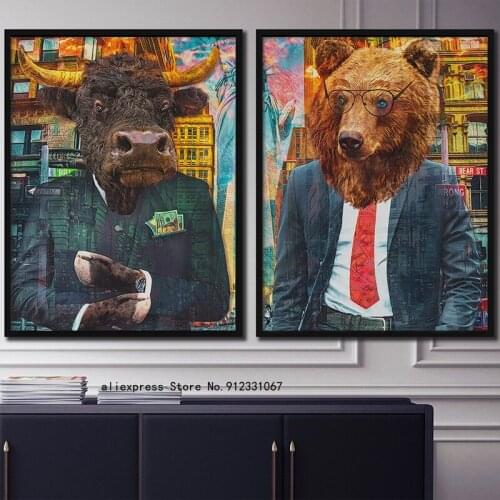Modern Bear and Bull Cheetah Painting Print Canvas Stock Market Wall Art Poster Wall Street Modular Pictures Office Home Decor