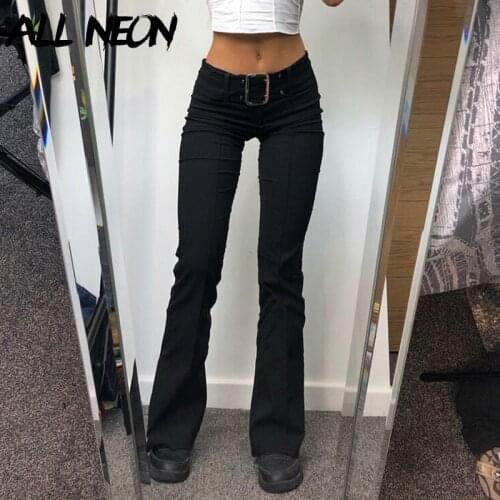 ALLNeon Y2K Streetwear Retro Belted Low Rise Flare Pants Indie Aesthetics Skinny Solid Full Length Black Trousers Gothic Pants