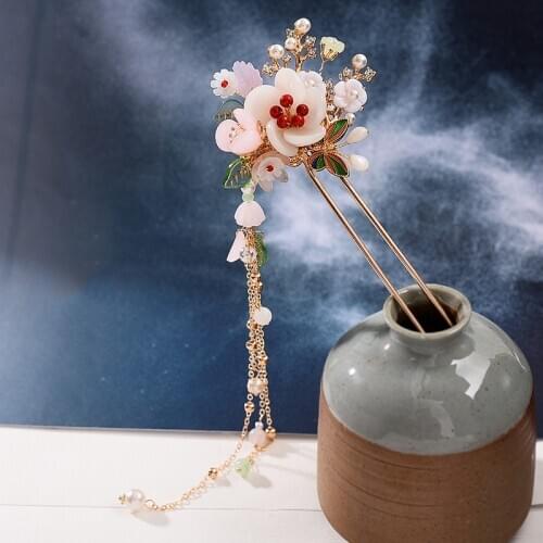 New Chinese Long Flower Hair Stick Pearl Gold Color Tiara Headpiece Hair pins Women Hair Accessories Handmade Hair Jewelry