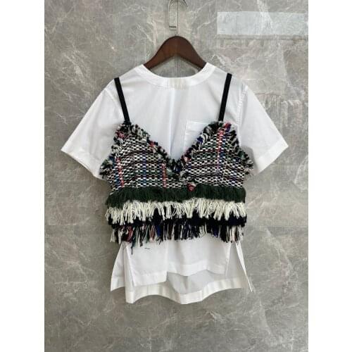 2021 Autumn Luxury New Women Tassel Vest Tank Tops With White Cotton Short Sleeve Shirt Blouse 2 Piece Sets Tutu