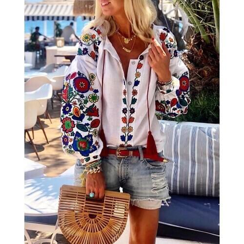 2020 Womens Blouse Spring Autumn Casual Flower Print Linen Button Long Lantern Sleeve Tunic Blouse National Feature Wear