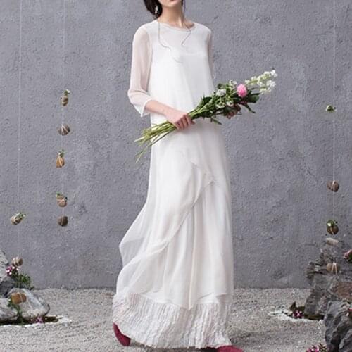 LZJN Women Maxi Dress Casual Half Sleeve Round Neck Asymmetric Hem Long Chiffon Vestido Summer Beach Two Pieces Party Dresses