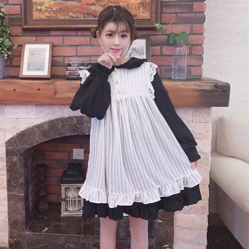 Sweet Cute Kawaii Girls Lolita Dress Princess Maid Vintage Ruffles Dresses Puff Sleeve Red Black Pink Women Dress Round Collar
