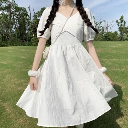 Japanese- V-neck Pleated Design Puff Sleeve Sexy Backless Lace-up First Love Dress Female 2020 Summer lolita dress fairy kei