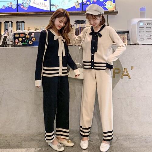 2019 autumn two-piece Korean version with bow bow knit top temperament was thin small fragrance wide leg pants suit