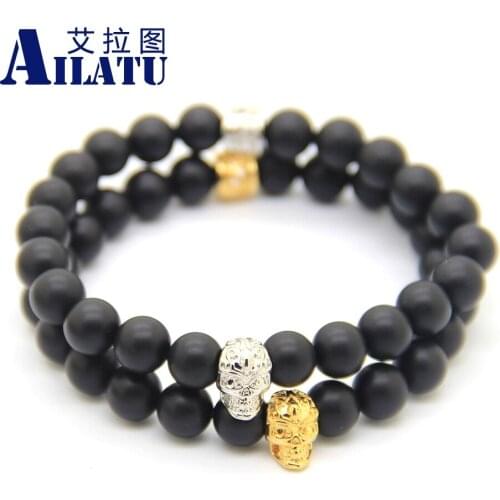 Ailatu New Jewelry Wholesale High Grade 8mm Real Matte Onyx Stone Beads with Bronze Skull Bracelets