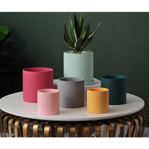 Nordic Industrial Style Colored Ceramic Flower Pots Green Plants Cylindrical Flower Pots with Perforated Trays Home Decoration