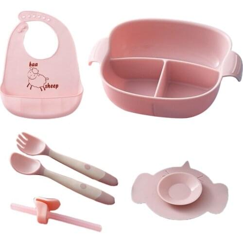 Baby Divided Plate Bowl Suction Cup Dishes Spoon Fork Bibs Straw Tableware Set 24BE