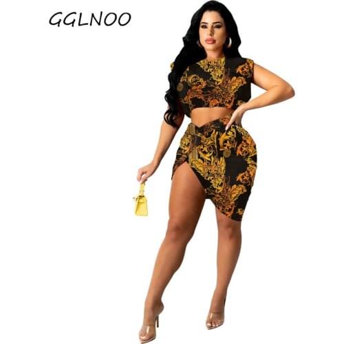 GGLNOO Tie Dye Sexy Two Piece Set Draw String Tight Mini Skirt Crop Top Club Outfits for Women Bodycon Dress Suits