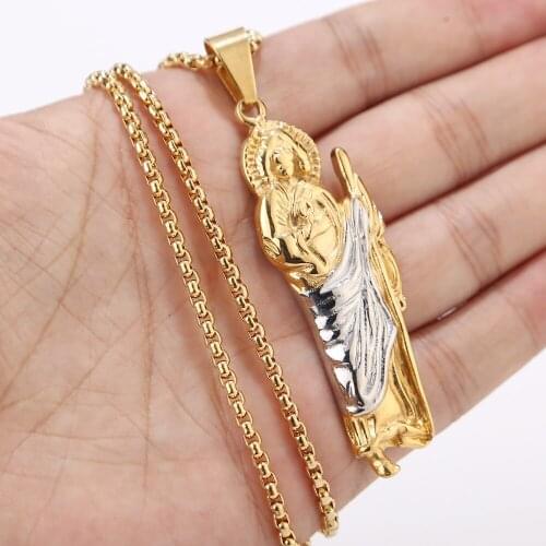 Stainless Steel Gold Tone St. Jude Thaddeus Pray For Us Religious Charm Pendant with 2mm Box Chain Necklace 60cm