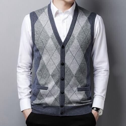 High Quality Male Sweater Cardigan Autumn Winter Thick Male Argyle Patterns Knit Cardigan Sleeveless Wool Coat