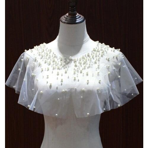 Bridal Luxury Wedding Cape Lady Elegant Illusion Party Shawl Pearl Beaded Tulle Bolero Women Button Shrug