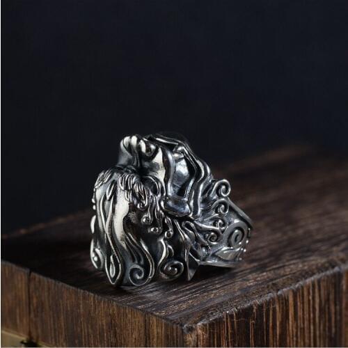 Real S925 solid sterling silver retro craft mens Thai silver ring good luck beast, style