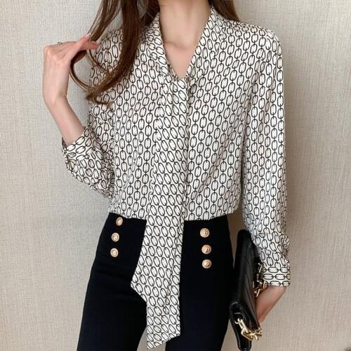 Chikichi 2021 Spring and Summer New Lace-up Print Design Long-sleeved Hong Kong Style Chiffon Shirt Long Sleeve Blouses