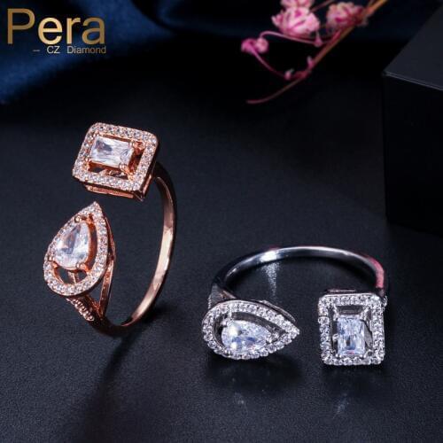 Pera New Arrival Adjustable Design Jewelry Mirco Pave Big Square Shape Cubic Zirconia Open Cuff Finger Ring for Women Party R106