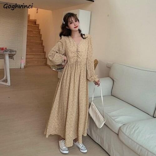 Long Sleeve Dress Women Floral Sweet Cozy Womens Outwear Daily Date Slim Elastic Waist 2XL Casual Fairy Princess Korean Fashion
