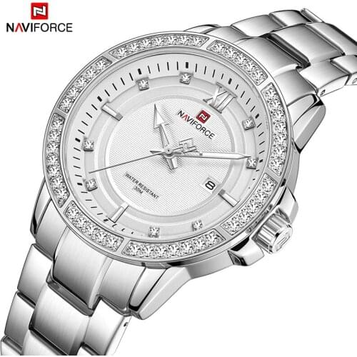 Luxury Brand NAVIFORCE Fashion Diamond Sliver Watches For Men Classic Male Wristwatch Stainless Steel Waterproof Quartz Clock