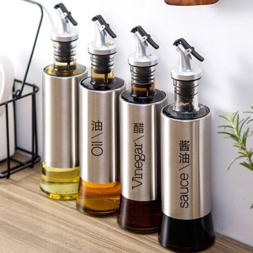 Stainless Steel Glass Oil Bottle Press Nozzle Mouth Oil Pot Vinegar Soy Sauce Seasoning Bottle Household Kitchen Combination Set