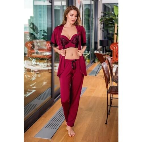 YENİ SEZON 2021 ÇEKİCİ ZARİF VE LÜKS Kadın Bordo Dantelli Push Up Büstiyer Sabahlık 3lü Takım