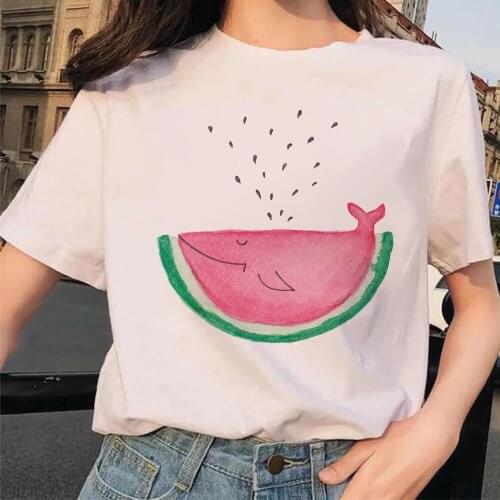 Watermelon Whale Printed Women T Shirts Pinted Fruit Series Graphic Loose Cartoon Tops Tumblr Under Tshirt Comfy Clothes