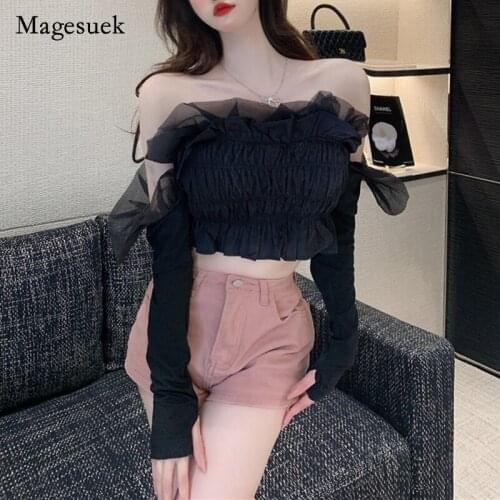 Summer 2012 New Chiffon Blouse Women Solid Mesh Ruffle Slash Neck Black Shirt Sexy Off Shoulder Long Sleeve Tops Blusa 16096