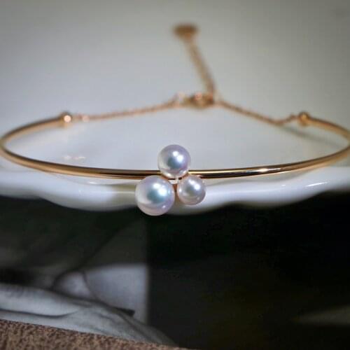 18K Solid Yellow Gold (AU750) Women Three Grains Bracelet Chain Natural Seawater Pearl Daily Minimalist style Fashion Lady