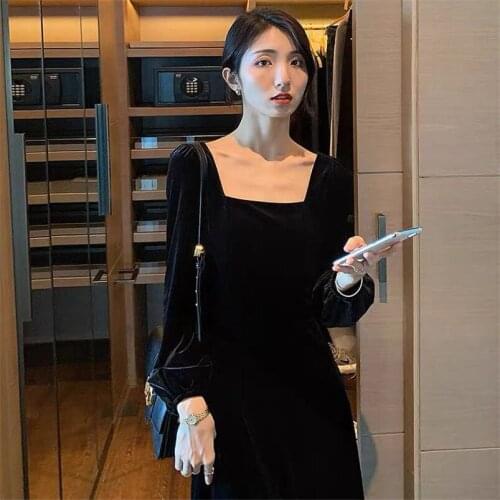 Square Collar Womens Autumn Winter Dress Long Puff Sleeve Velvet Party Dress Vestidos 2020 Fashion Elegant Clothes S-5XL 6XL