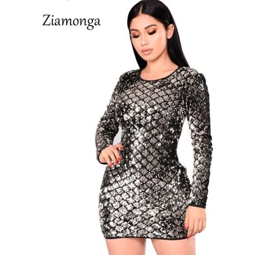 Ziamonga Women Spring Sexy Slim Sequined Dresses Female O-Neck Backless Long Sleeve Shiny Mini Party Dresses Mini Short Vestidos
