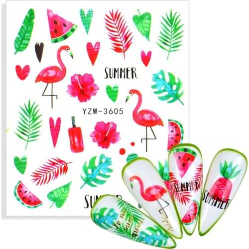 1pcs Nail Water Transfer Sticker Cute Cartoon Flamingo Green Leaf Flowers Fruit Animal Nail Art Slider Manicure Decoration Decal