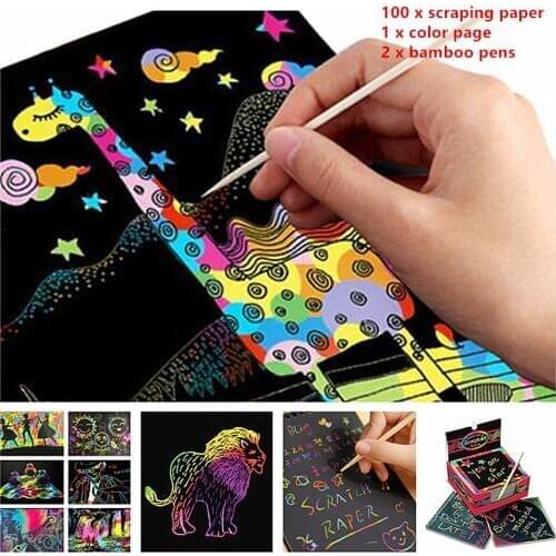 100Pcs Magic Color Rainbow Scratch Paper Black DIY Drawing Toys Scraping Painting Note Book Kid Doodle 85mm