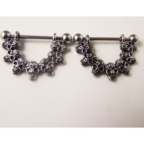 2 piece 14G Punk Vintage Sexy 3d Skull Nipple Ring Shield Flower Nipple Bar Women Body Piercing Jewelry