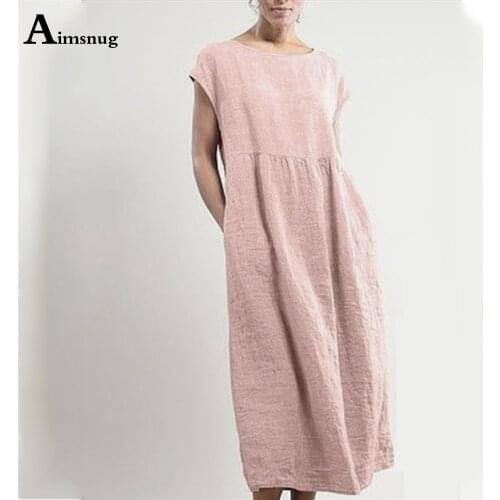 Aimsnug 2021 Summer Womens Pink Long Maxi Dress New Patchwork Cotton Linen Dresses Plus Size Women Casual Loose Dress Femme 6XL