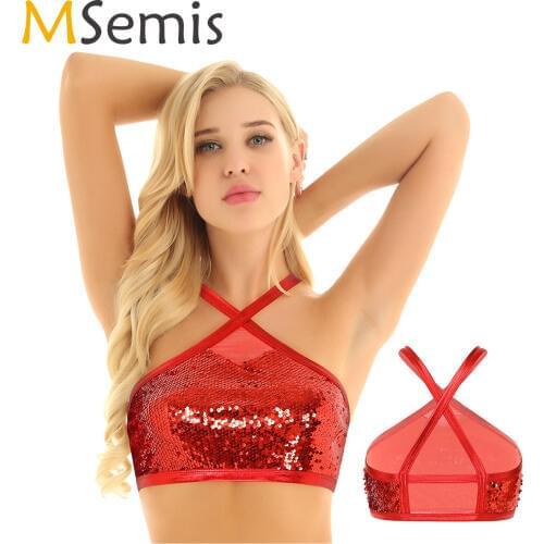 Women Shiny Sequins Sexy Music Festival Rave Clothes Halter Neck Back Cross Bra Crop Top Stage Pole Dance Costume Party Clubwear