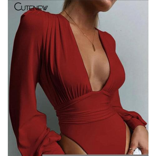 Cutenew Solid Shaped Waist Sexy Bodycon Bodysuits Women Spring Deep V-Neck Lantern Sleeve Slim Active Streetwear Female Outfits