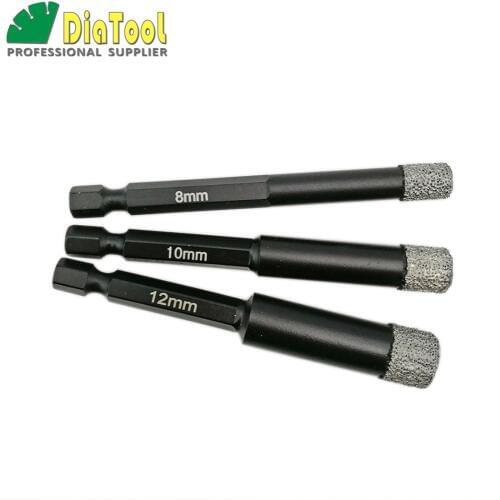 DIATOOL 3pcs 8mm+10mm+12mm Vacuum Brazed Diamond Core Bits Qucik Fitting Shank, Dry Drilling Bits Professional Quality Hole Saw