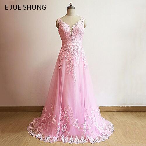 E JUE SHUNG Pink Lace Appliques Long Wedding Dresses Backless Court Train 2017 Luxury Wedding Gowns trouwjurk